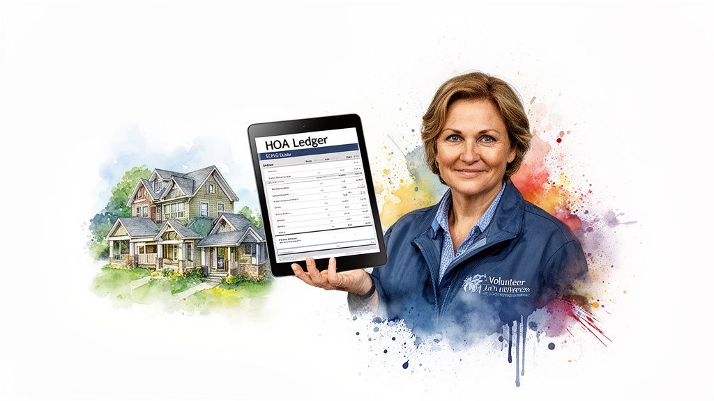A smiling woman in a 'Volunteer' jacket holds a tablet displaying an 'HOA Ledger' beside watercolor houses.