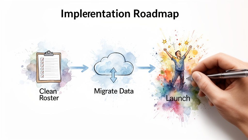 An implementation roadmap outlining steps: Clean Roster, Migrate Data, and a successful Launch celebration.