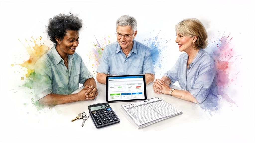 Three diverse people smiling while looking at a tablet with accounting software, keys, and a calculator.