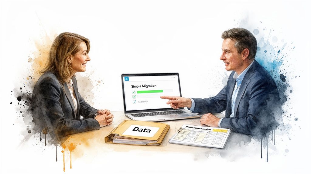 Two business professionals discussing data migration on a laptop, with folders labeled 'Data' and 'Homeowner Loans'.