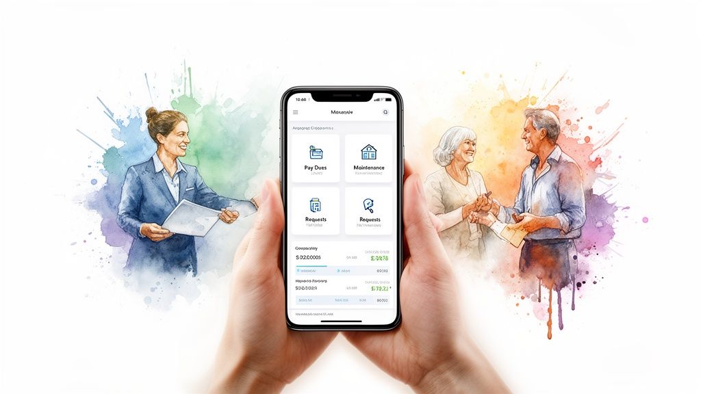 Hands holding a smartphone displaying a community management app, surrounded by watercolor illustrations of people.