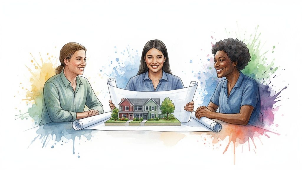 Three smiling women, likely architects or real estate agents, discuss house plans and a home model.