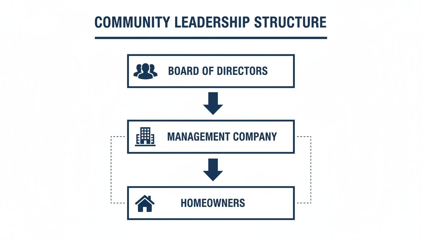 Diagram illustrating the community leadership structure: Board of Directors oversees Management Company, which serves Homeowners.