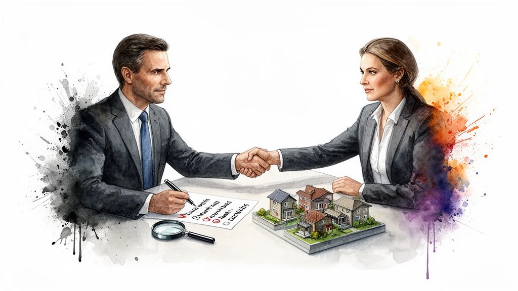 Two business professionals shaking hands over a real estate agreement with miniature houses.