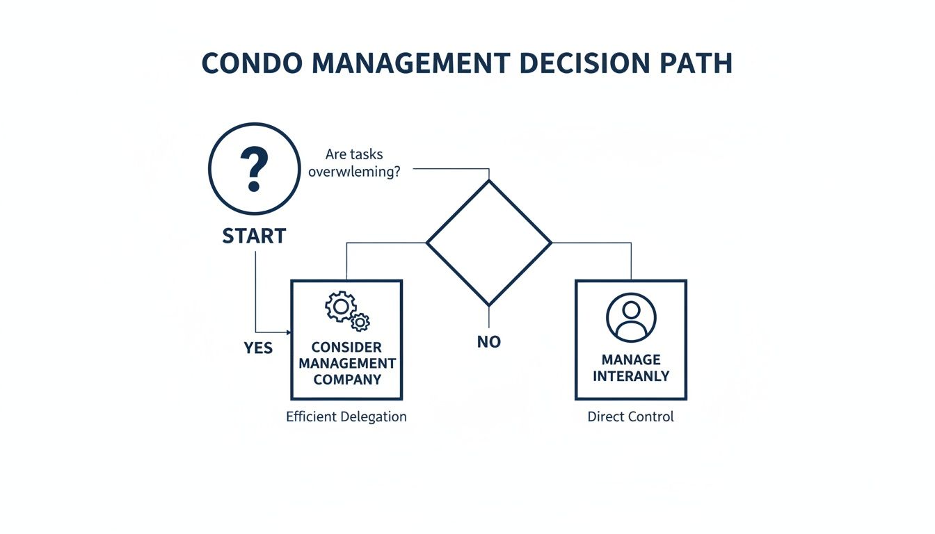 Flowchart for condo management decisions: 'Are tasks overwhelming?' leads to 'Consider management company' or 'Manage internally'.