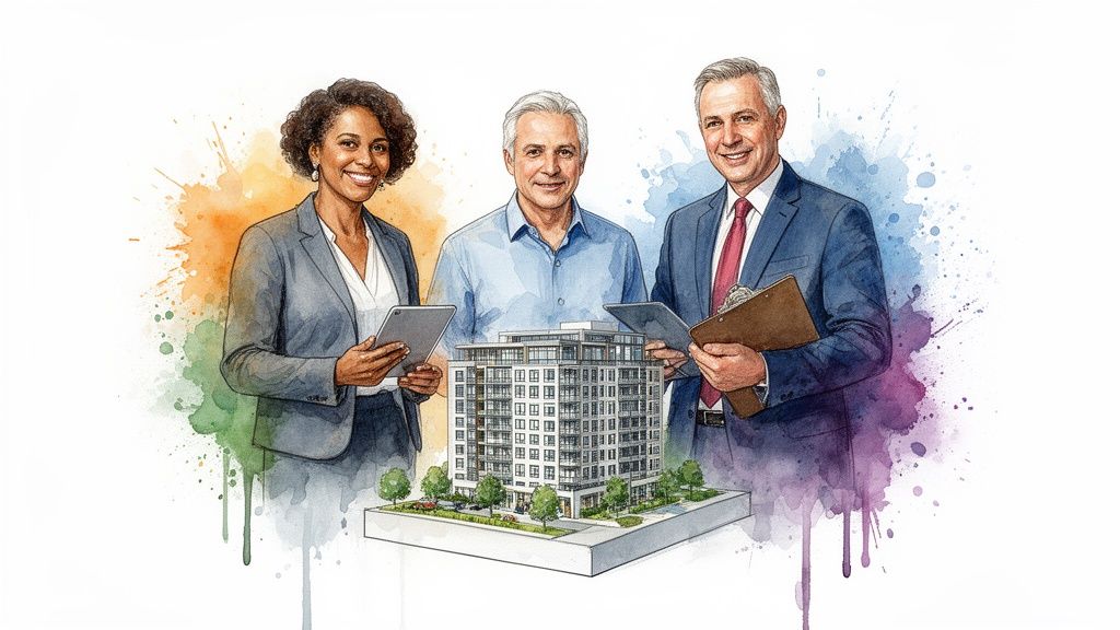 Watercolor illustration of diverse professionals presenting a modern building model, ideal for real estate.