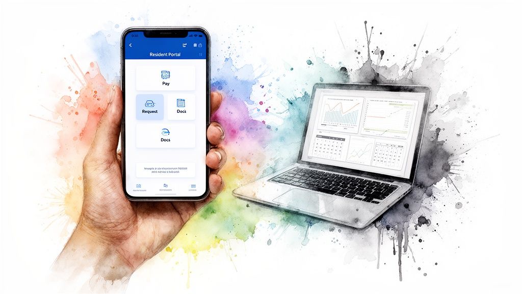 Hand holding a smartphone with a resident portal app and a laptop displaying data dashboards.