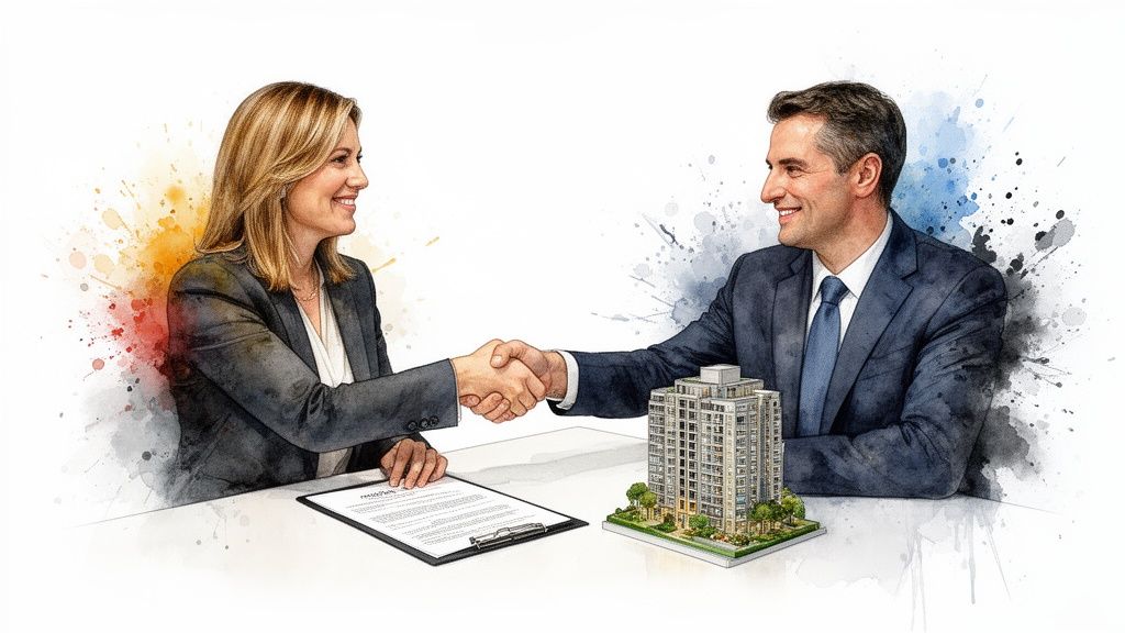 Business professionals shaking hands over a real estate contract and a model building, representing a property deal.