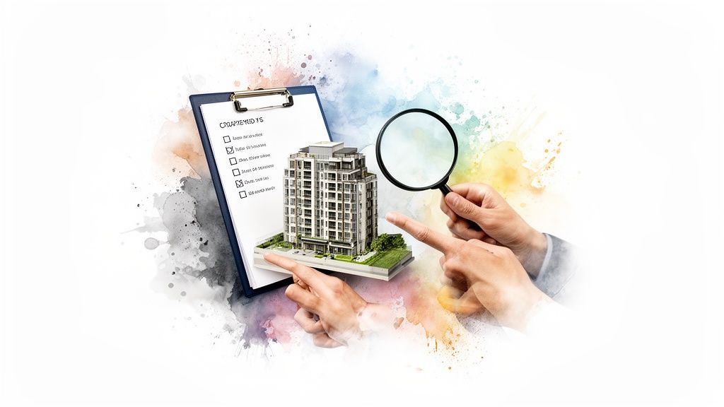 Hands examining a miniature condo building model with a checklist and magnifying glass.