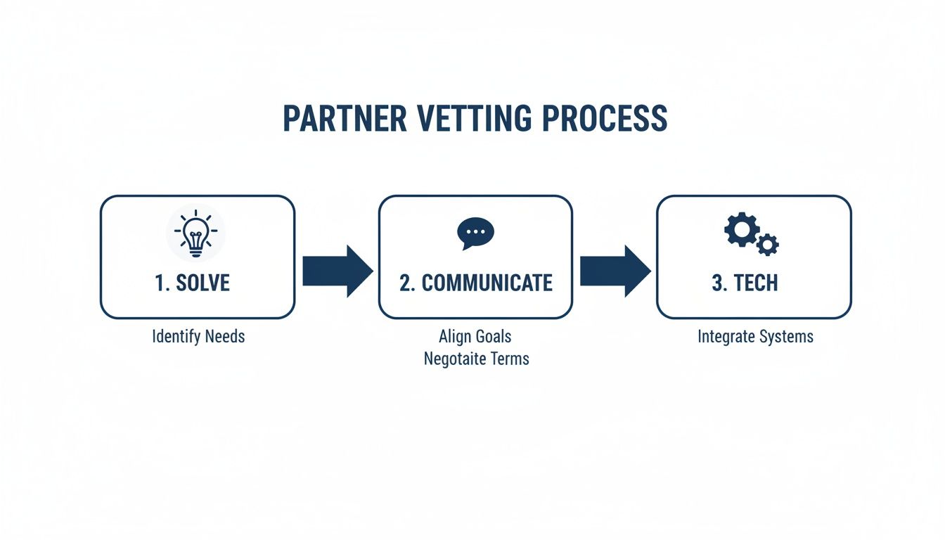 A three-step partner vetting process: Solve (identify needs), Communicate (align goals), and Tech (integrate systems).