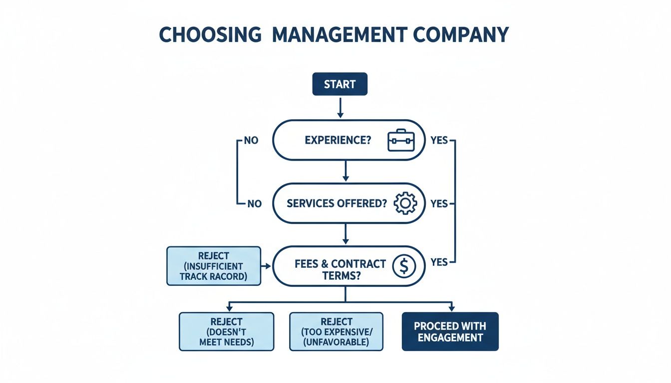 Flowchart illustrating the process of choosing a management company based on experience, services, and fees.