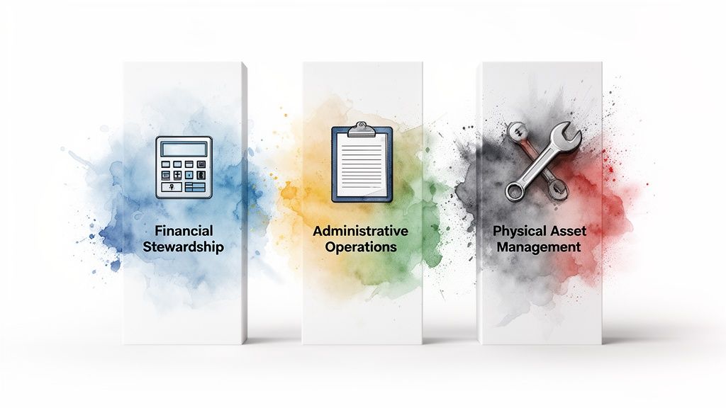 Three pillars of management: Financial Stewardship, Administrative Operations, and Physical Asset Management.
