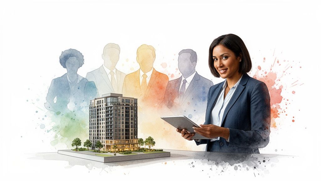Smiling professional woman with tablet, a condominium building, and diverse business team silhouettes.