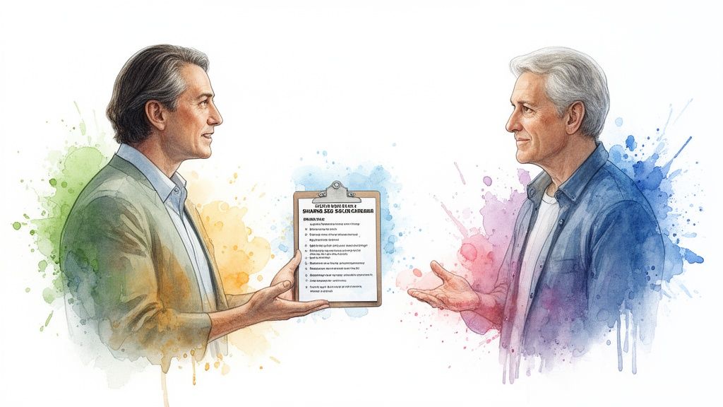 Watercolor illustration of two men discussing, one offering a checklist clipboard to the other.