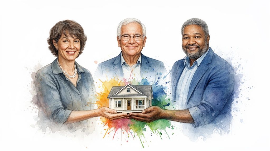 Three smiling diverse individuals in watercolor style hold a miniature house, surrounded by colorful splashes.