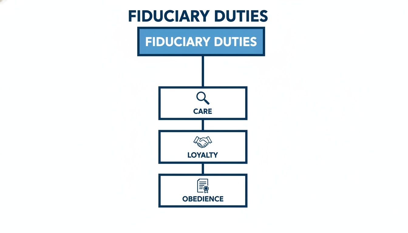 A flowchart outlining the three core fiduciary duties: care, loyalty, and obedience.