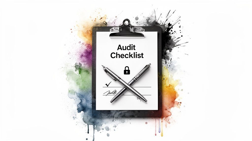 A clipboard displays 'Audit Checklist' with crossed pens, a padlock, and colorful watercolor splashes.
