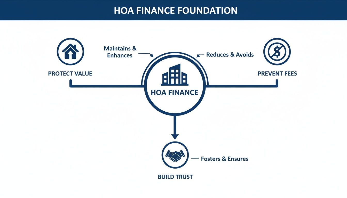 Diagram illustrating HOA Finance Foundation, showing how HOA finance protects value, prevents fees, and builds trust.
