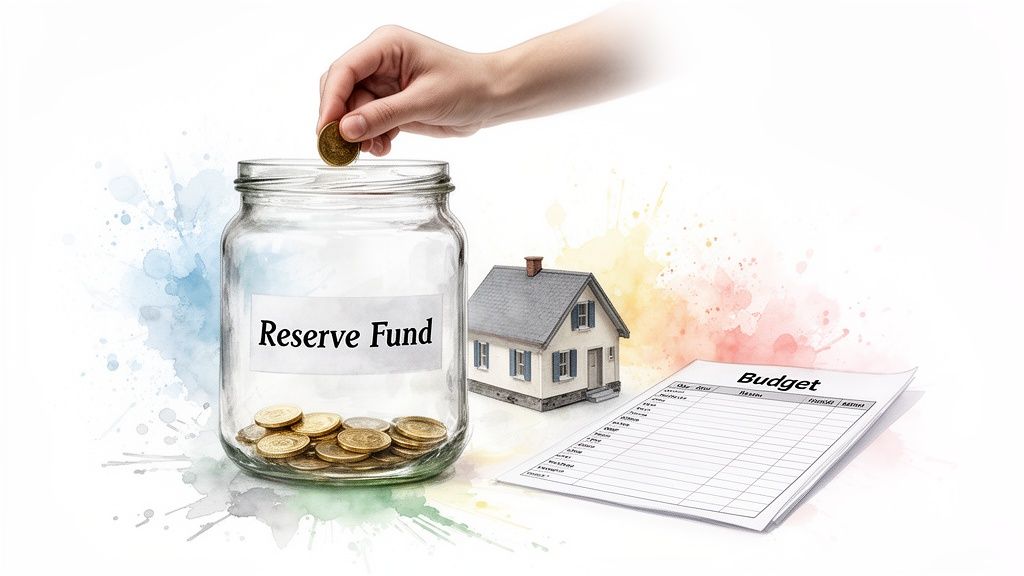 A hand drops a coin into a 'Reserve Fund' jar, next to a house model and a budget sheet.