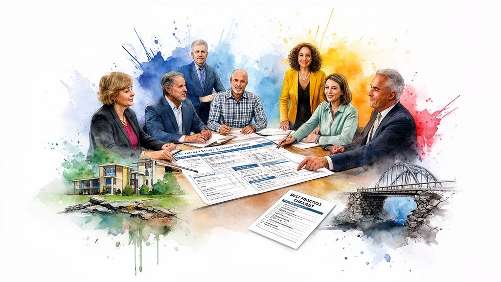 A professional business team collaborating around a table reviewing condo reserve fund documents and construction plans.