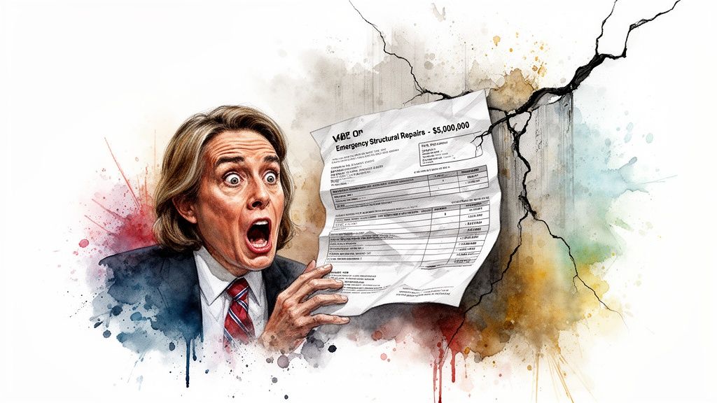 A shocked person holding an expensive emergency structural repair bill against a backdrop of a cracking wall.