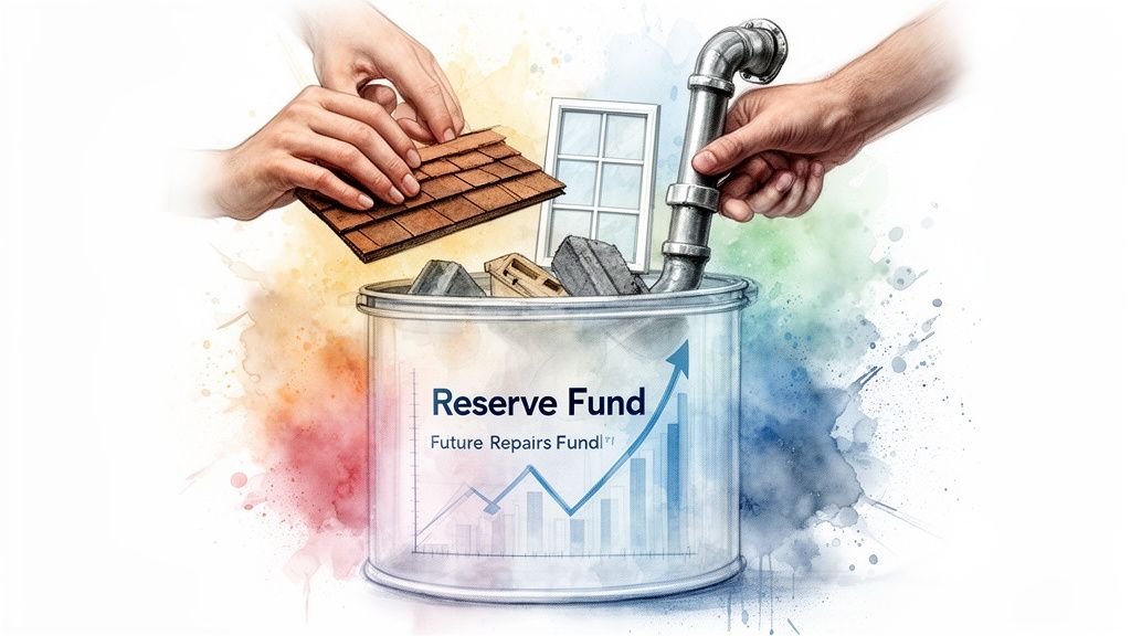 Hands placing housing repair components like shingles and pipes into a reserve fund container with growth charts.