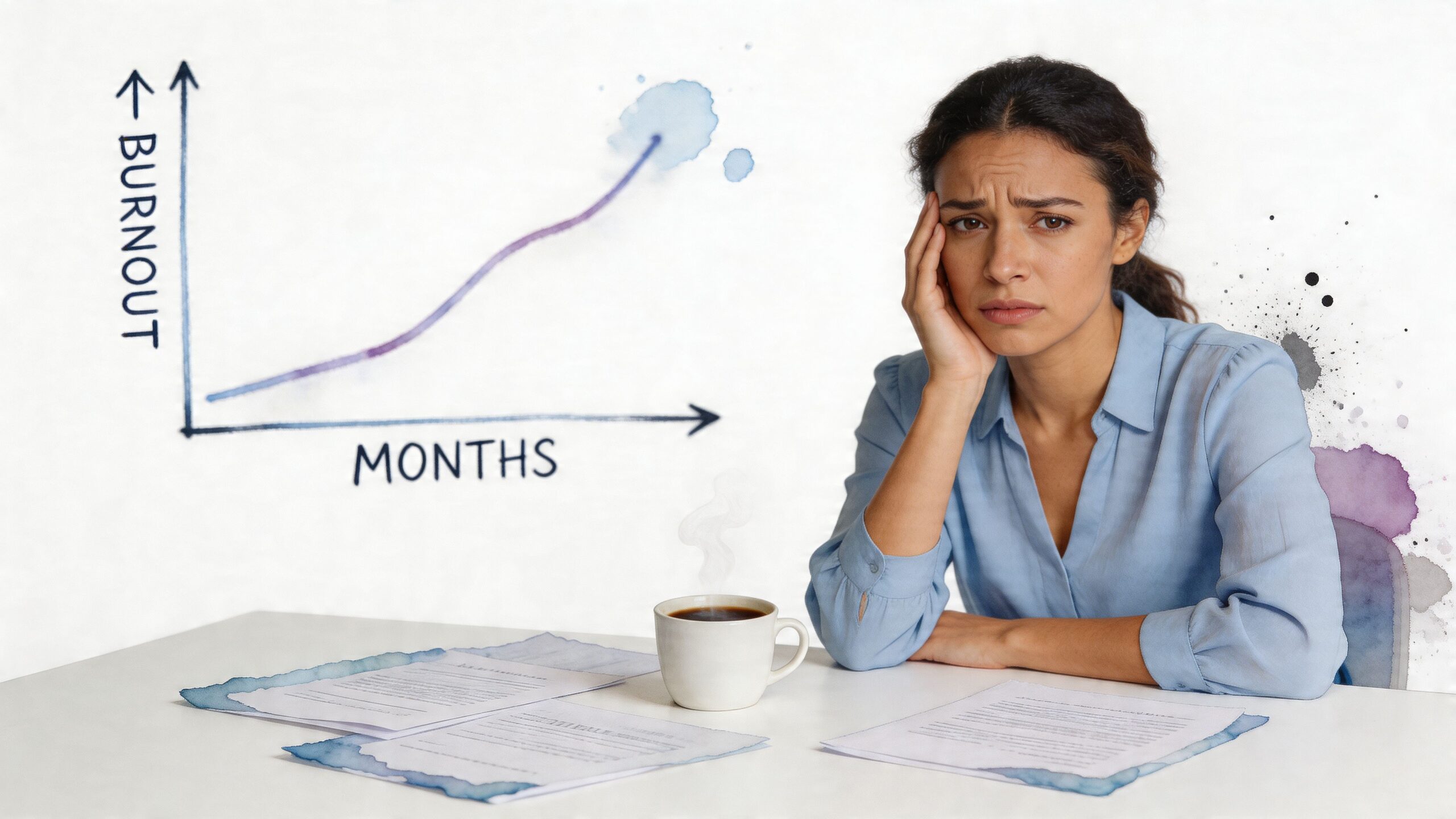 A stressed woman sitting at a desk with a rising burnout graph displayed in the background.