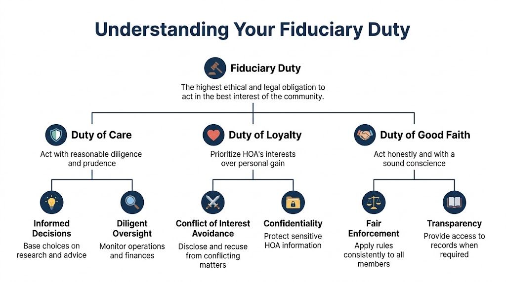 An educational infographic outlining the three core components of fiduciary duty for HOA board members.