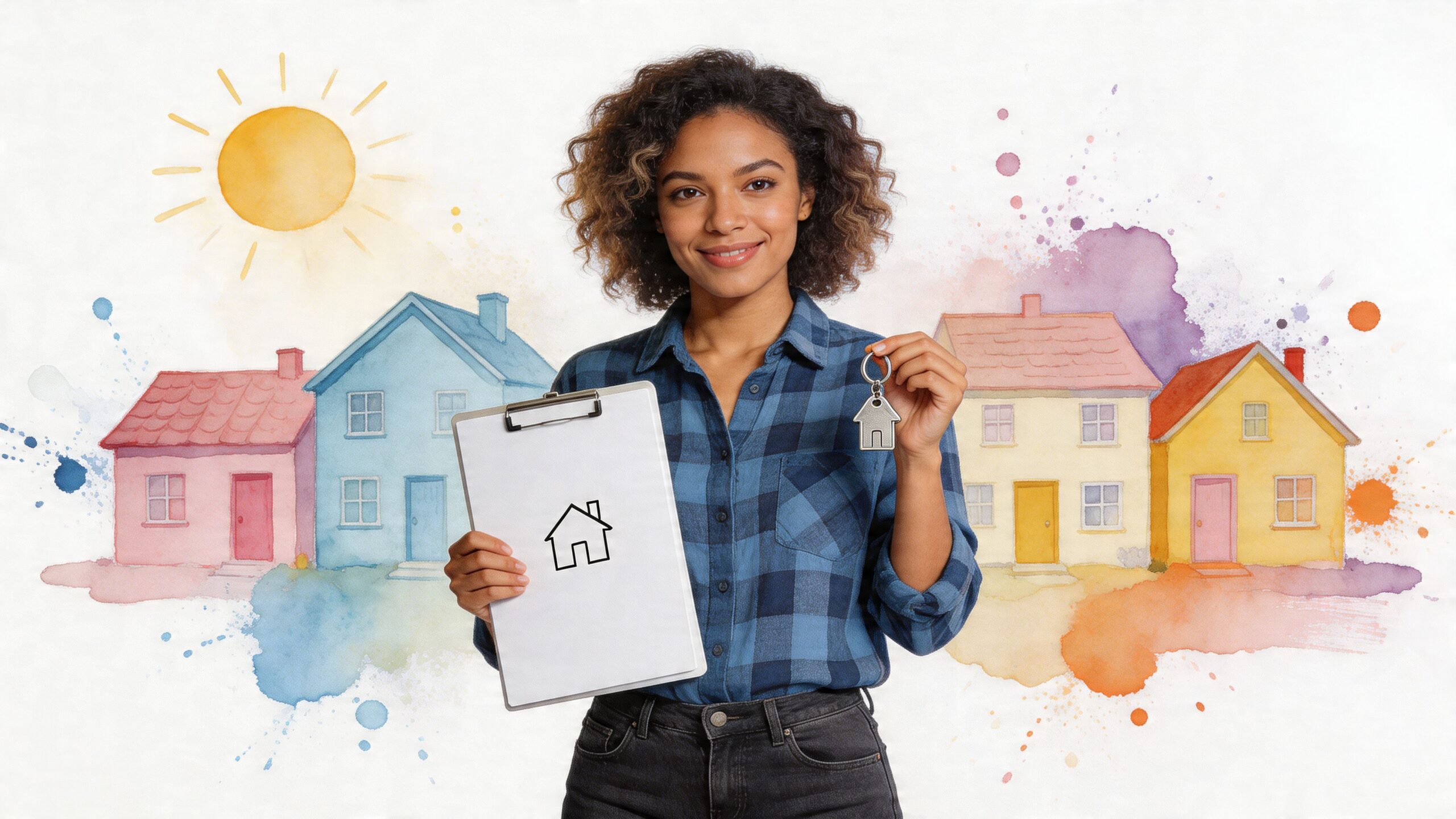 A smiling woman holding a clipboard with a house icon and keys, symbolizing home ownership services.