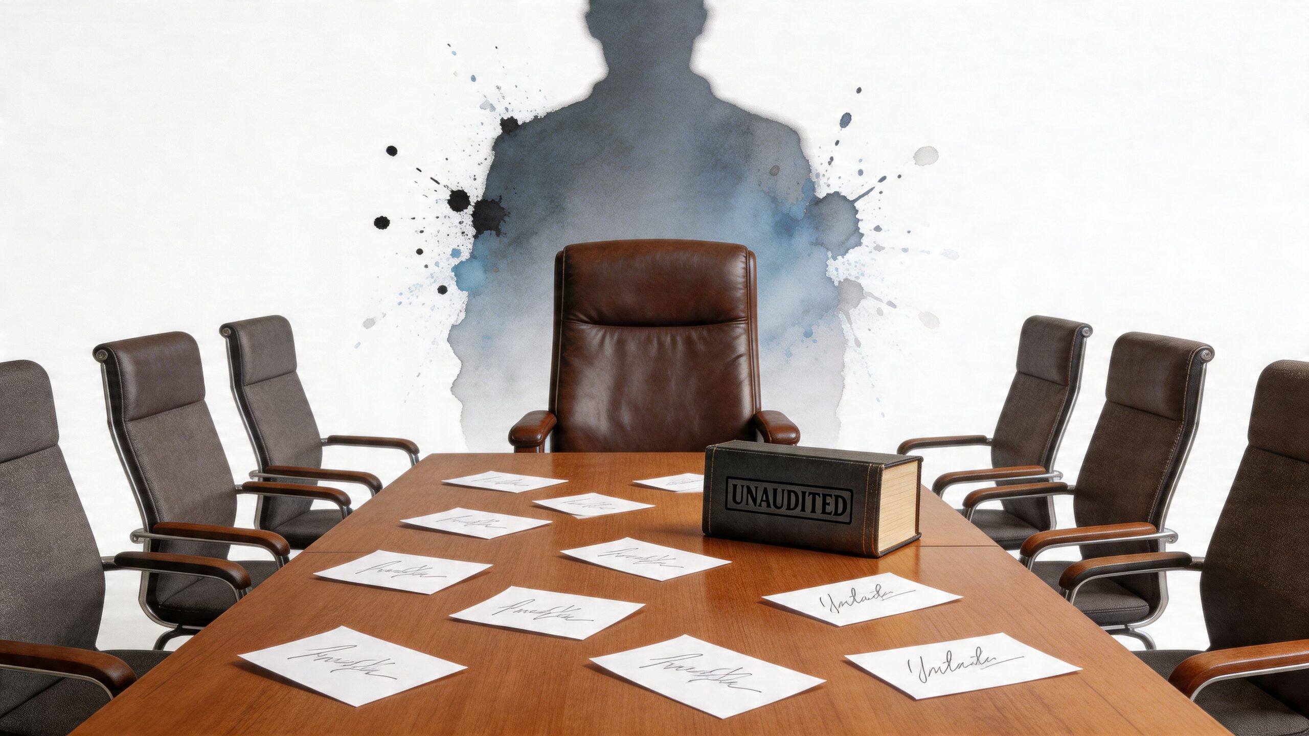 A boardroom table with empty chairs and papers surrounding an unaudited book under a spectral figure shadow.