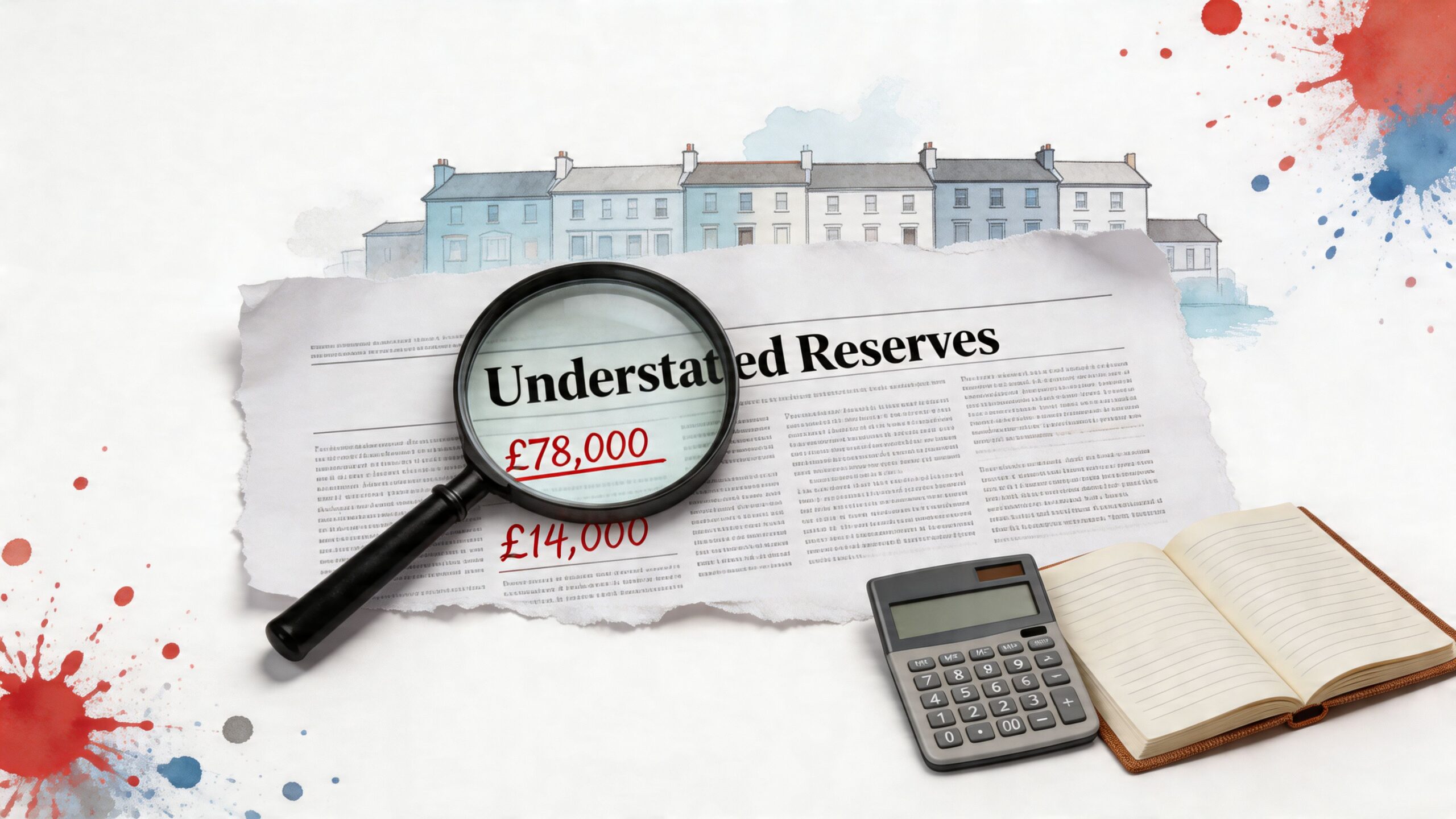 A magnifying glass highlighting overstated financial figures on a document with house illustrations and a calculator.