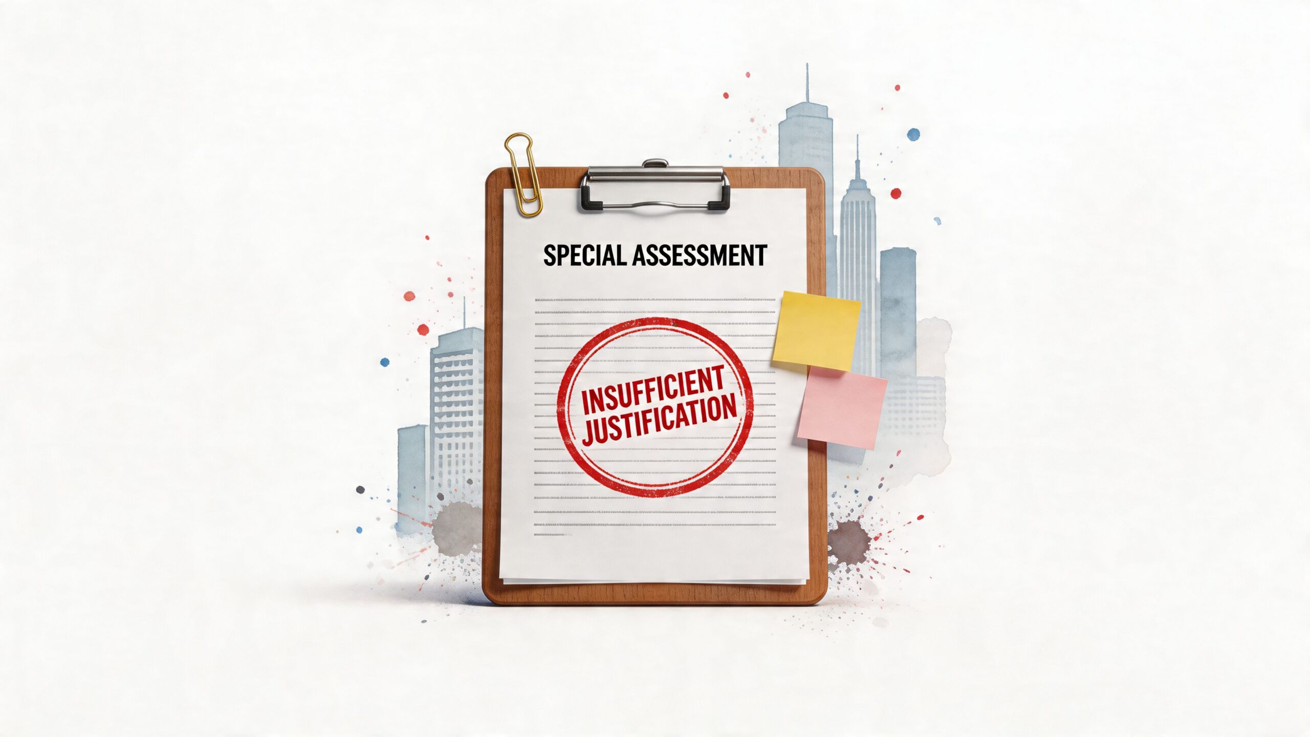 A clipboard labeled Special Assessment with a red stamp reading Insufficient Justification against a city backdrop.