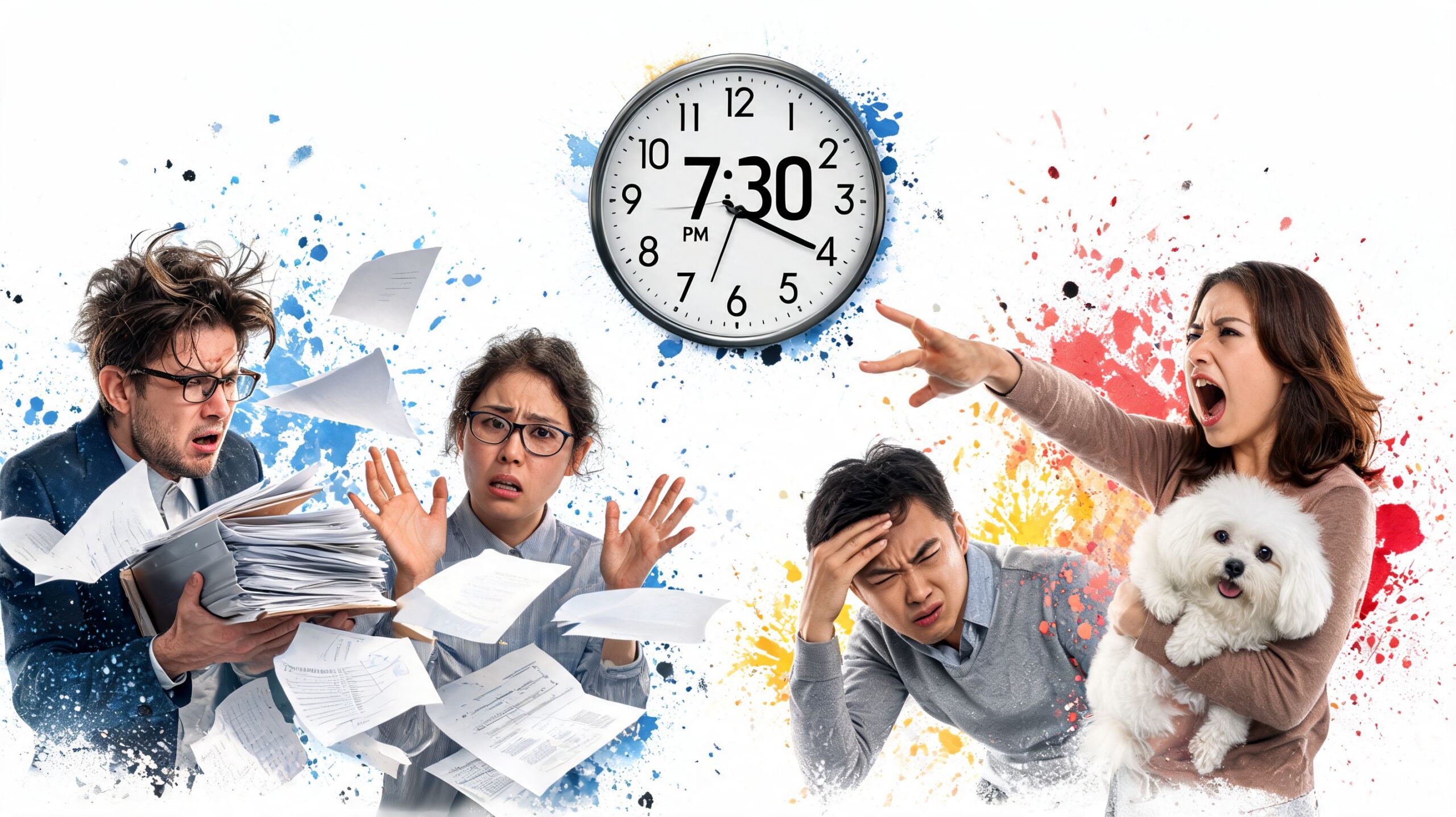 Stressed office workers and a woman with a dog surrounded by scattered papers under a clock.
