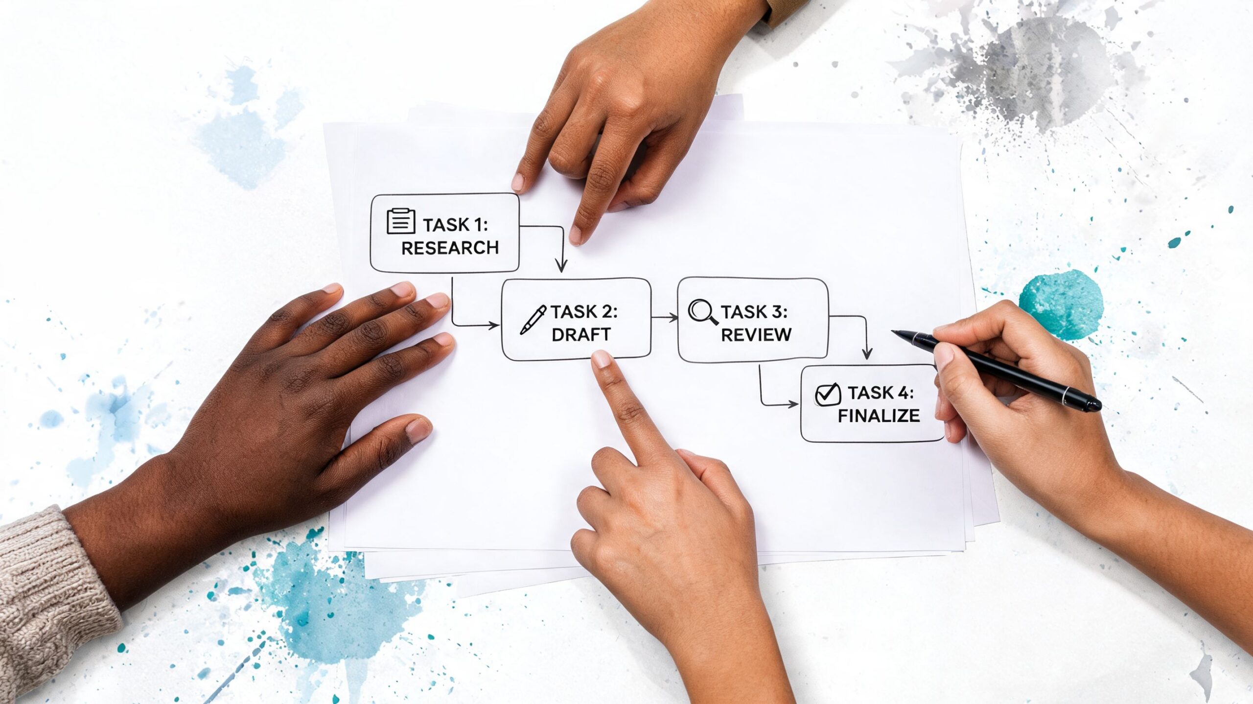 Diverse hands pointing to a paper diagram showing a four step business workflow process task flowchart.