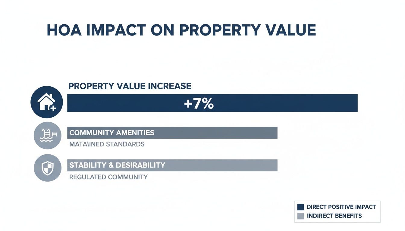 Infographic showing HOA's positive impact on property value, with a +7% increase due to community amenities and stability.