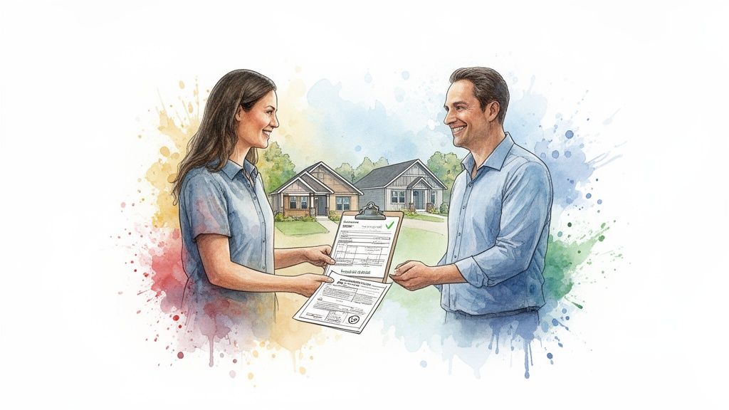 Two cheerful individuals exchanging documents on a clipboard with houses in a vibrant watercolor background.