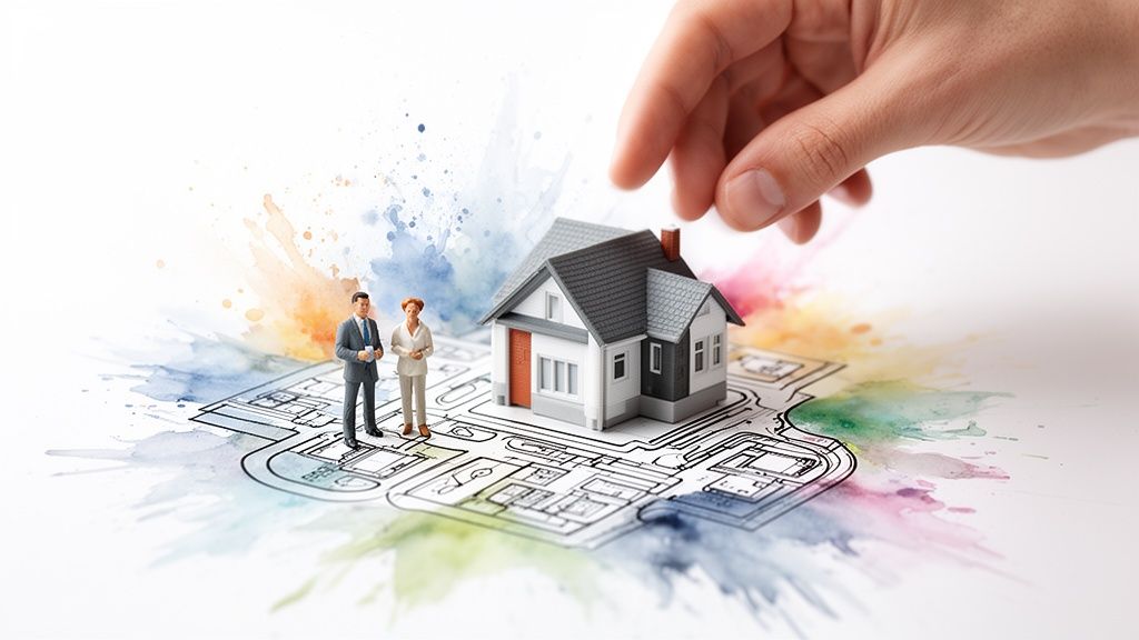 A hand places a miniature house model on a watercolor-splashed blueprint with two small figures.