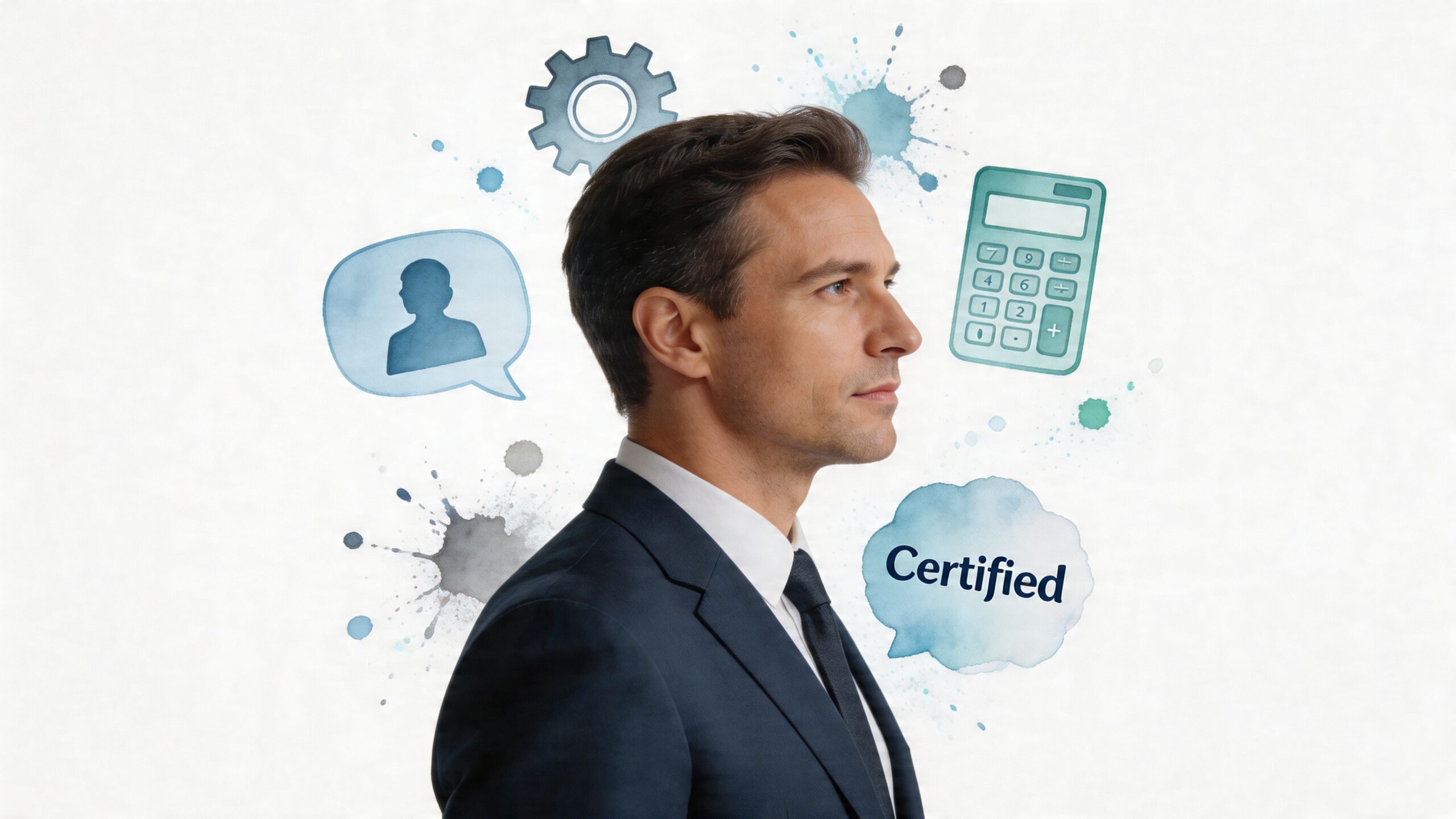 A professional man in a suit thinking about business certifications, accounting, and leadership roles.