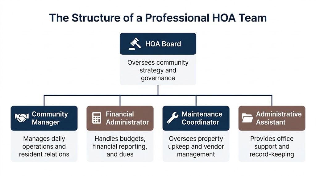 A diagram outlining the roles and responsibilities within a professional homeowner association management team structure.