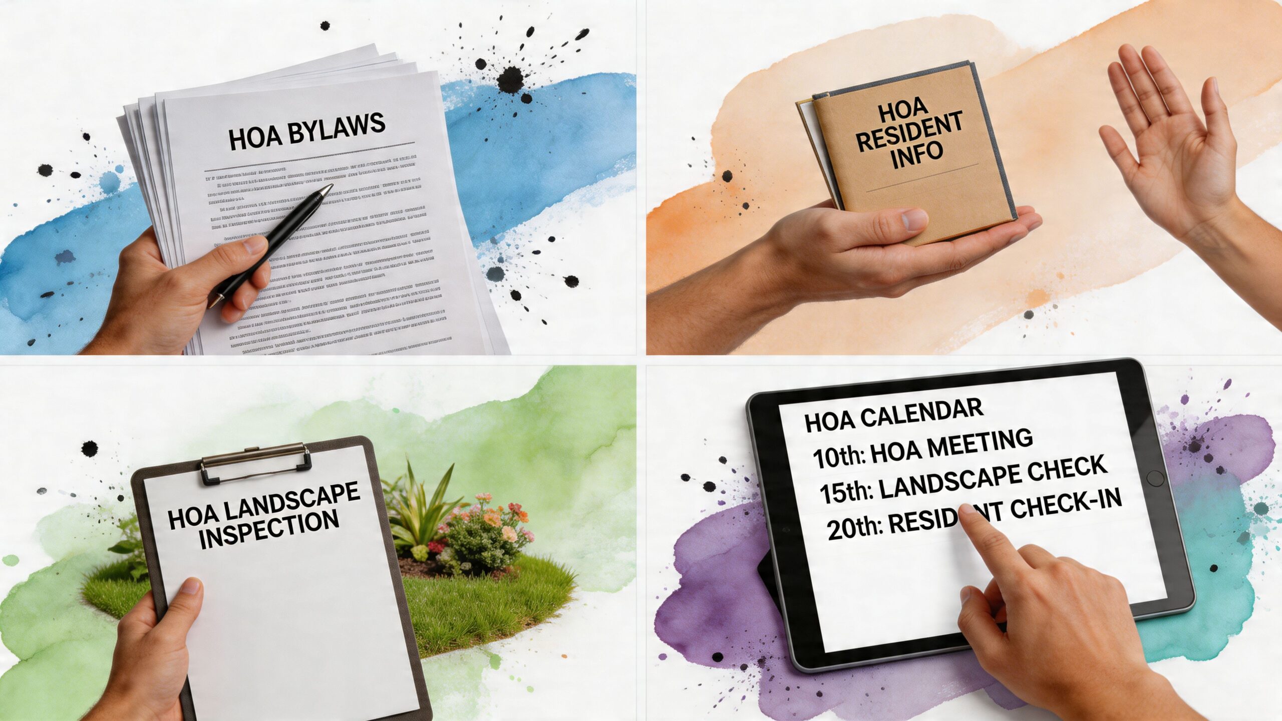 A collage showing homeowner association tasks including bylaws, resident information, landscape inspection, and a schedule of meetings.