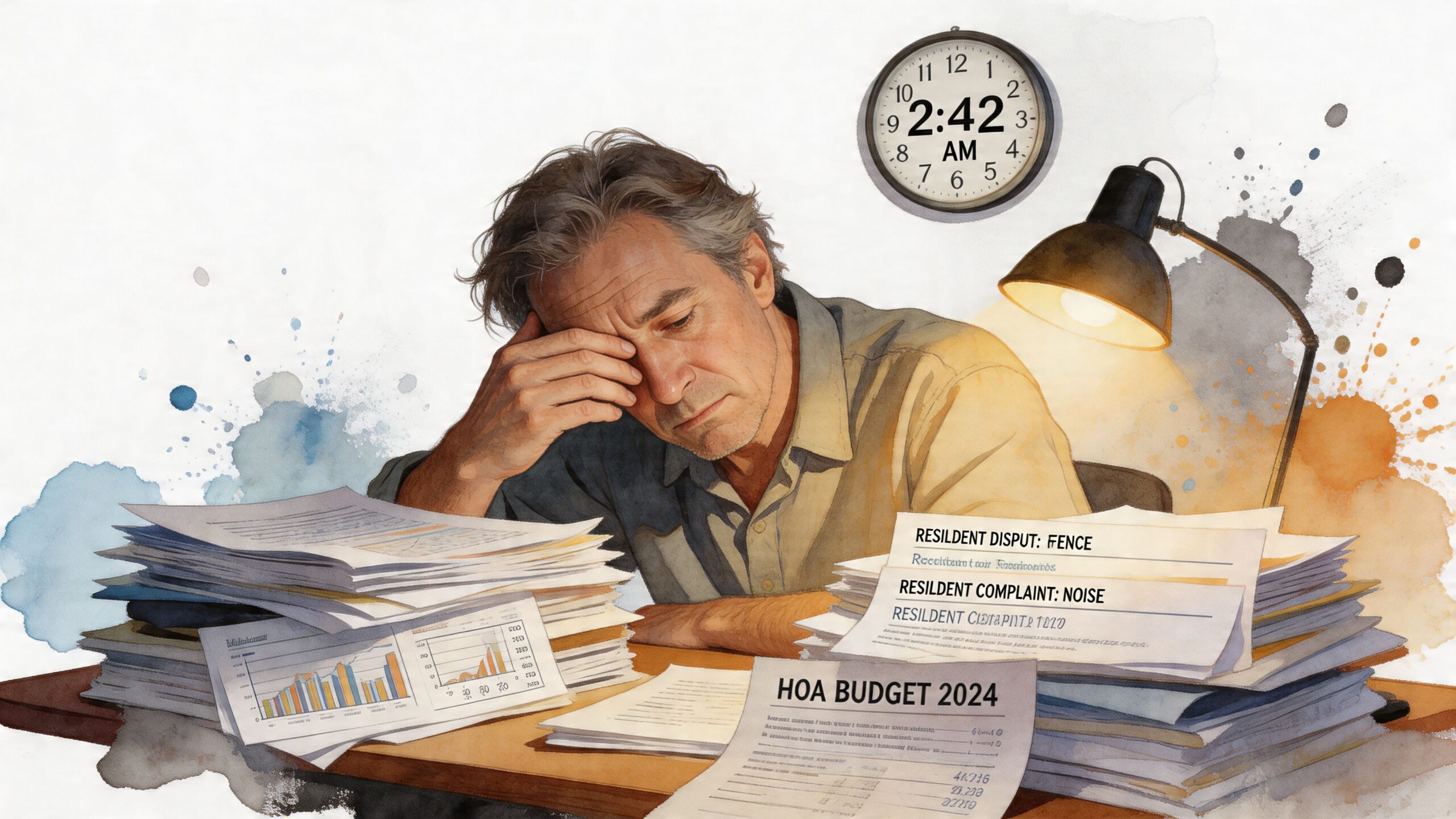 Stressed man overwhelmed by homeowner association paperwork and documents late at night under a desk lamp.