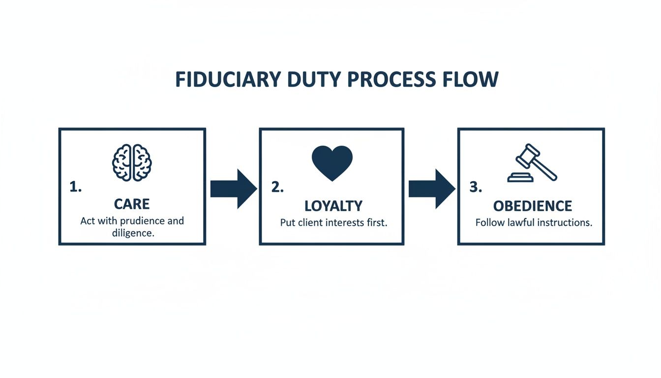 A flowchart detailing the Fiduciary Duty Process, showing three steps: Care, Loyalty, and Obedience.