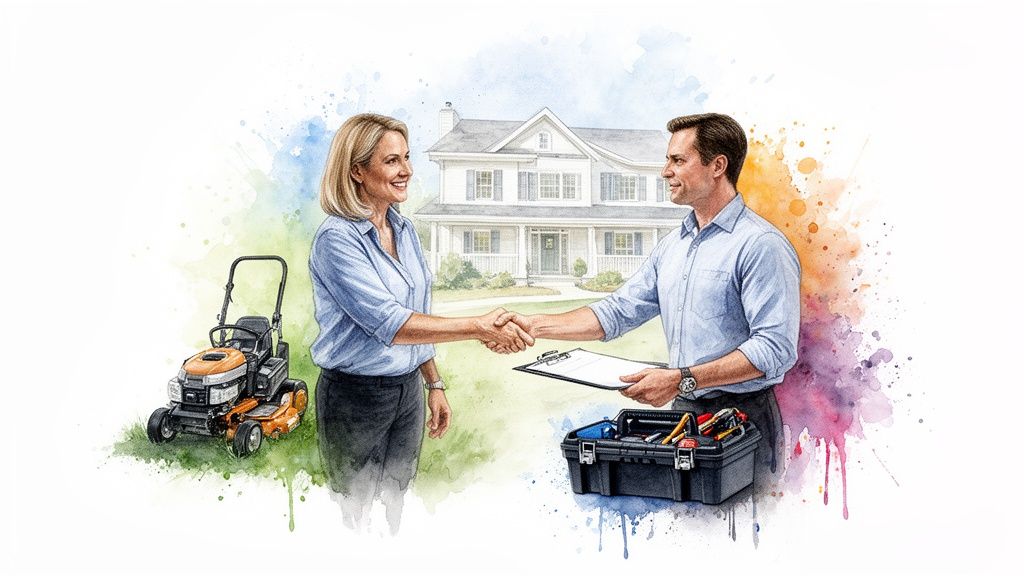 A woman and man shake hands in front of a house, representing professional home services.