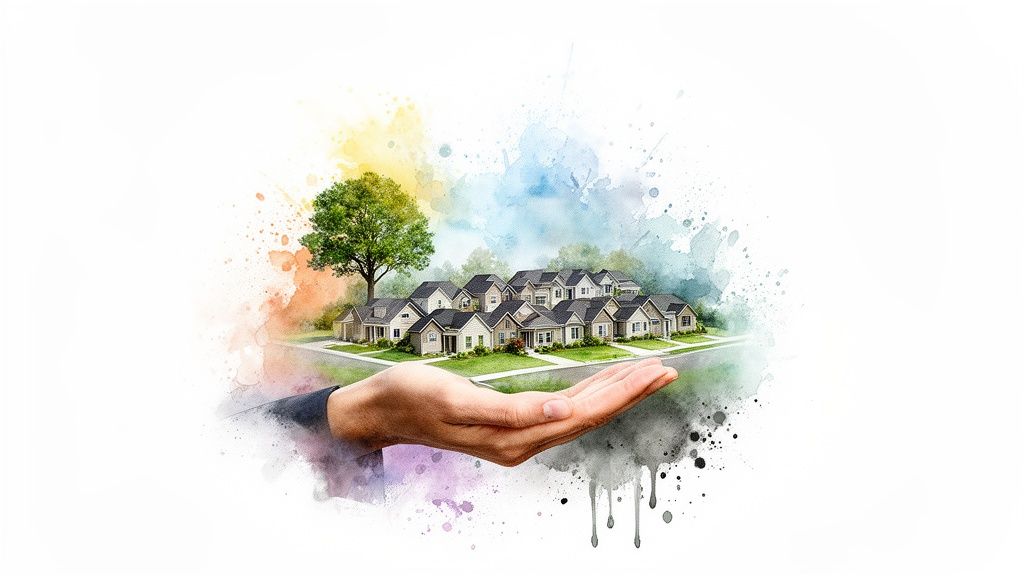A hand cradling a miniature neighborhood of houses, a tree, and colorful watercolor splashes.