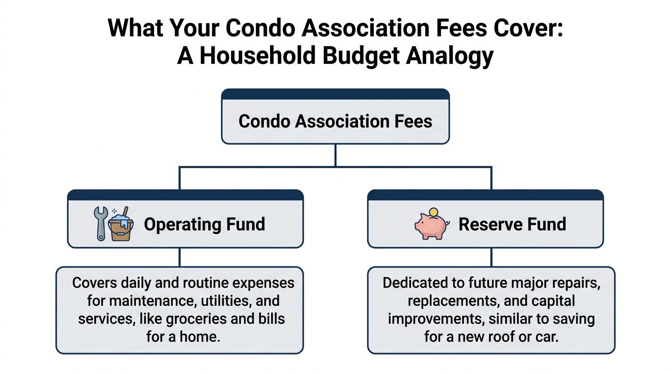 A diagram illustrating how condo association fees are split between operating and reserve funds.