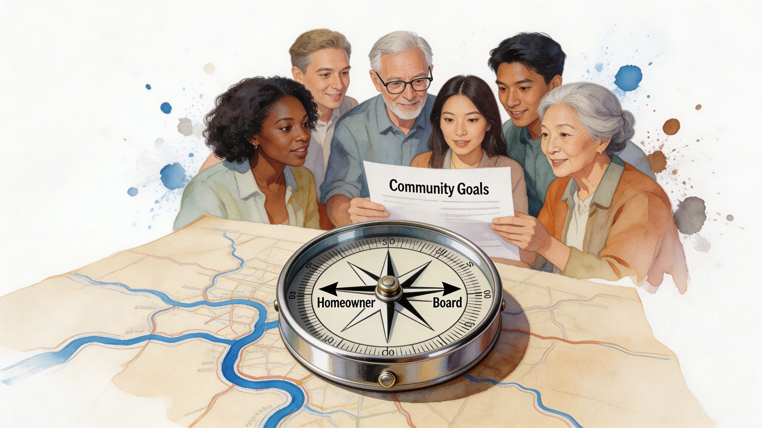 A diverse group of people collaborating together around a map with a compass and community goals document.