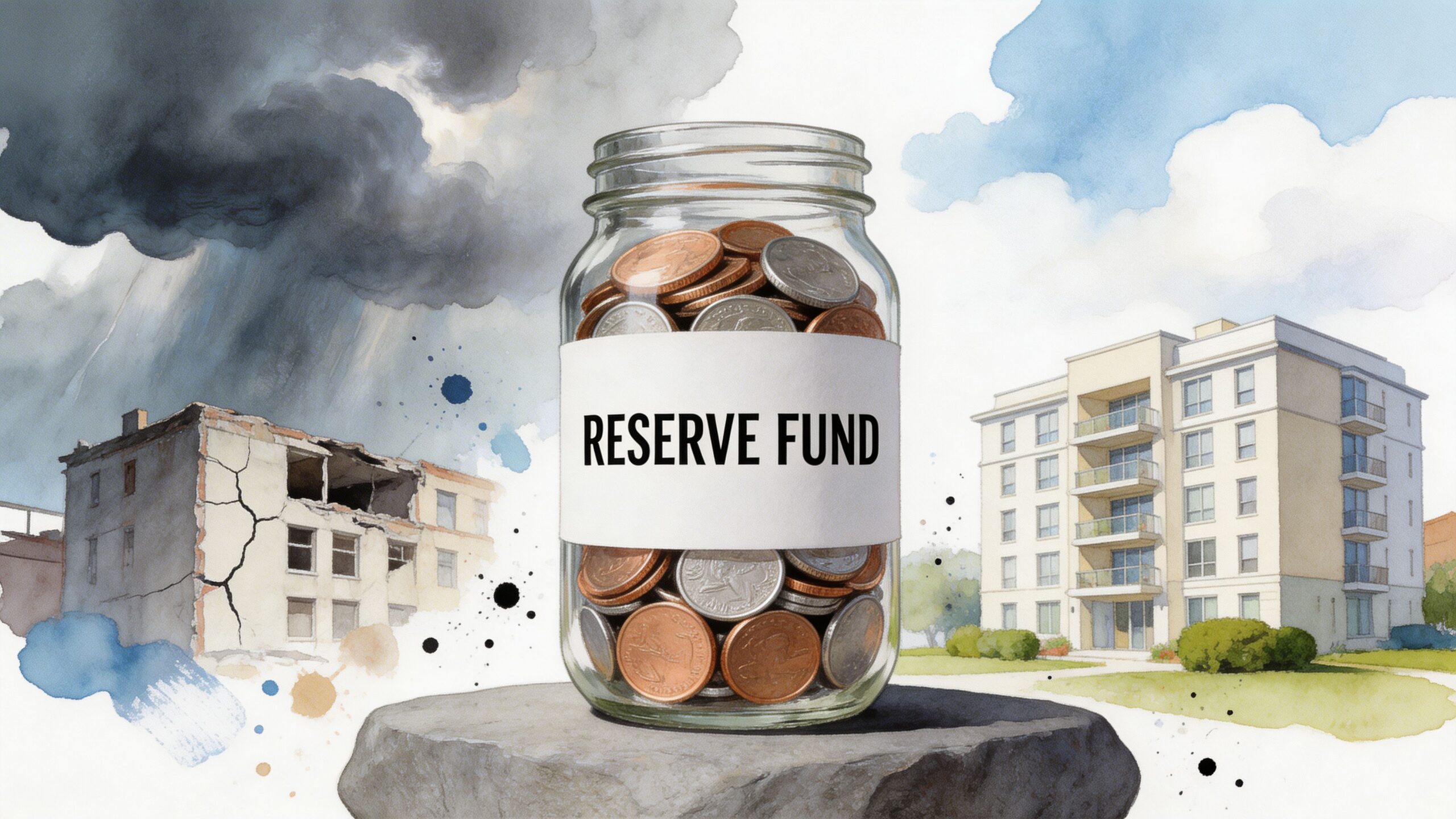A glass jar labeled reserve fund sitting on a stone, showing a crumbling building versus a stable building.