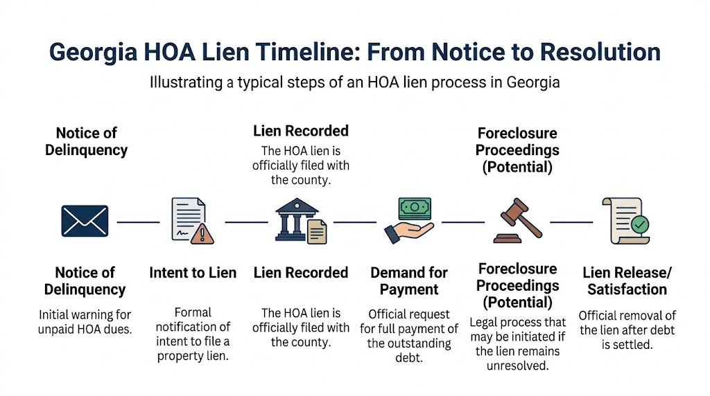 A diagram illustrating the sequential timeline of the Georgia HOA lien process from notice to resolution.