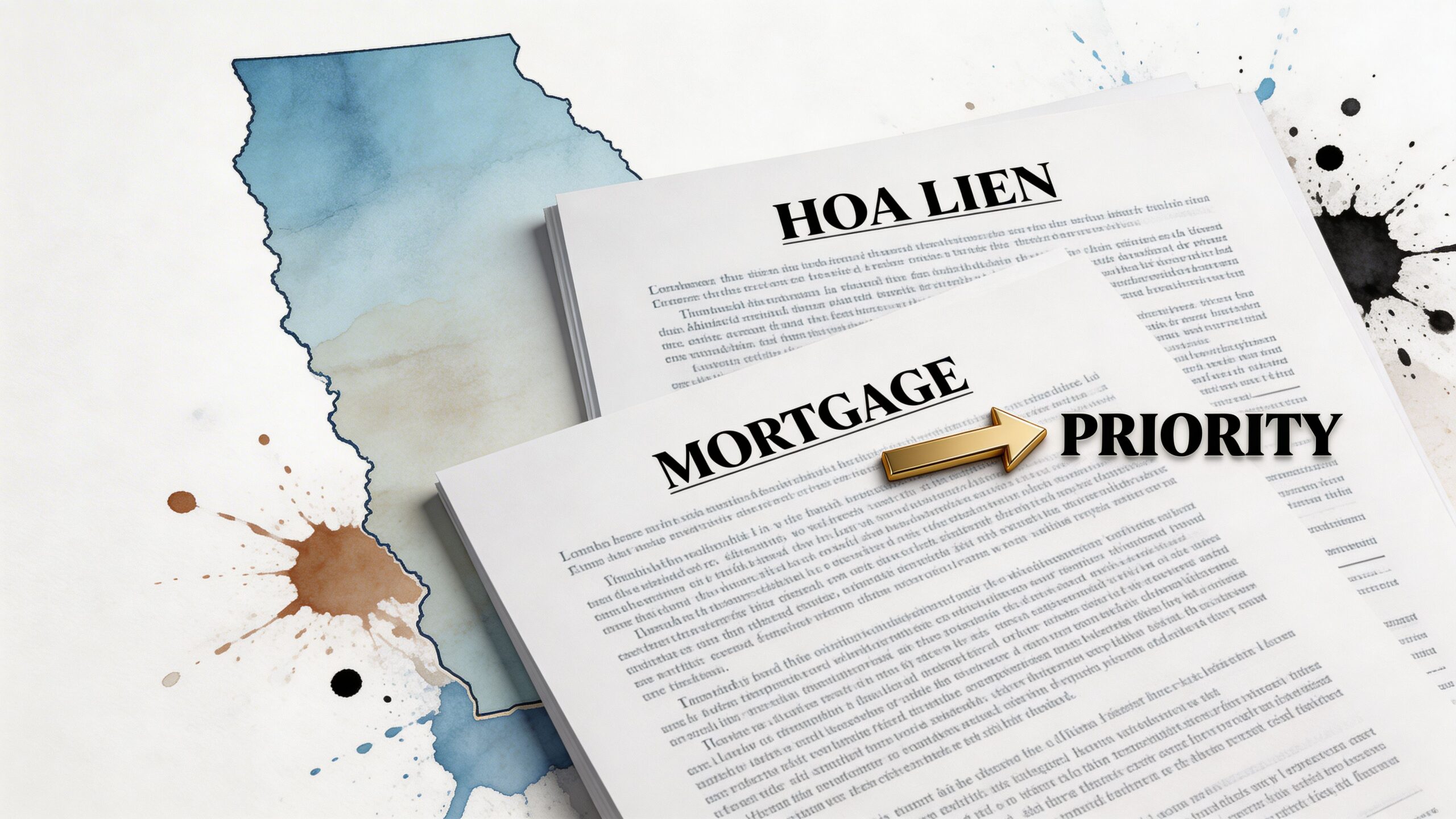 A document highlighting HOA lien and mortgage priority concepts with a stylized map background.