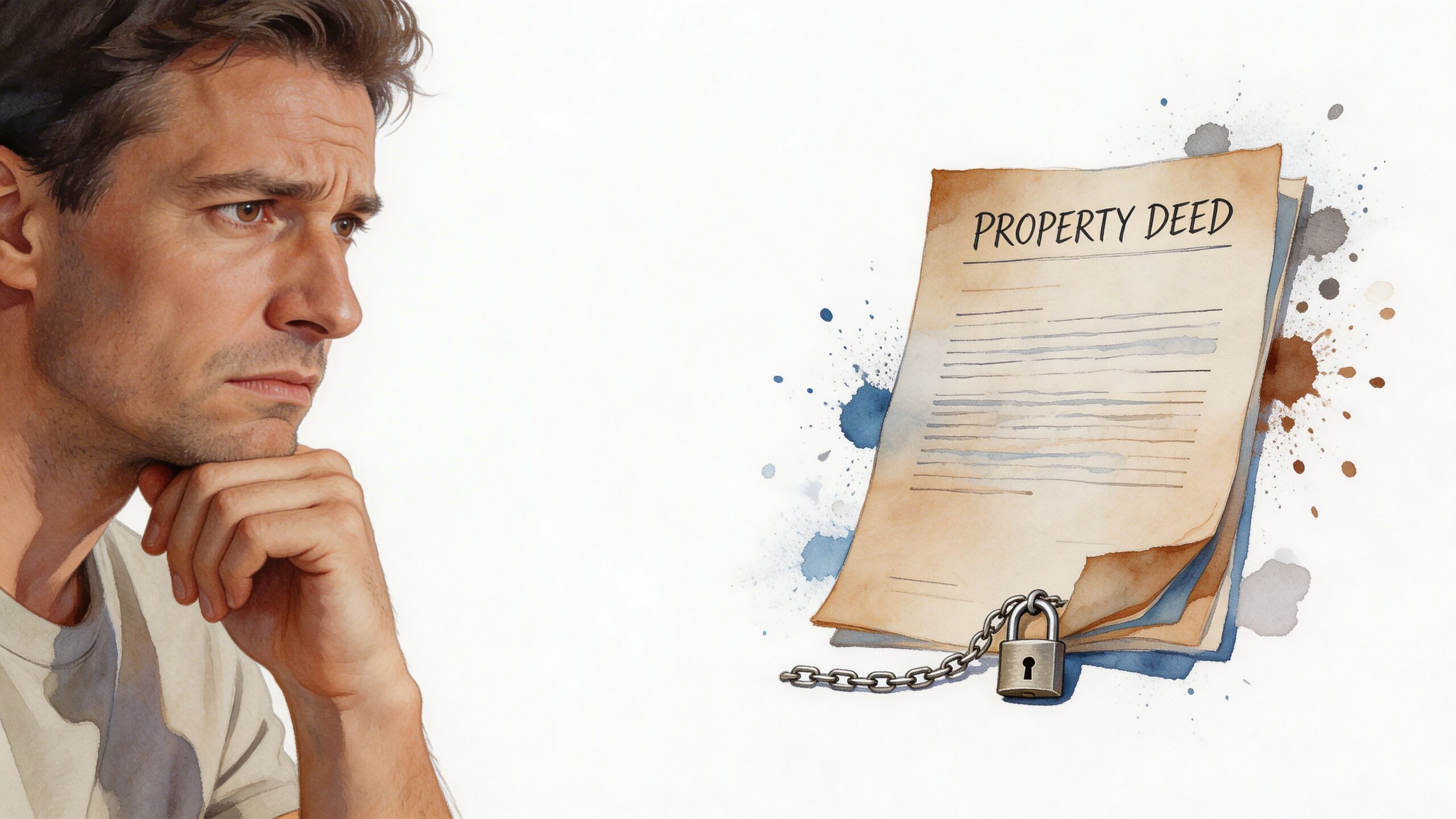 A concerned man looking at a locked property deed document representing legal or financial real estate issues.